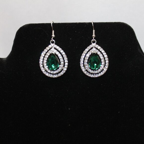 Green Rhinestone Tear Drop Dangle Earrings - Picture 2 of 7